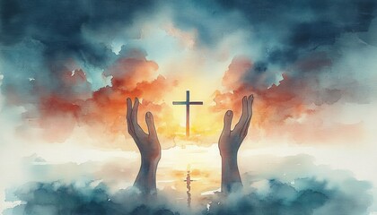 Wall Mural - Hands Reaching for Cross in Sky with Clouds in Serene Watercolor Illustration