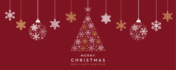 Wall Mural - christmas greeting card with hanging snowflake decoration vector illustration