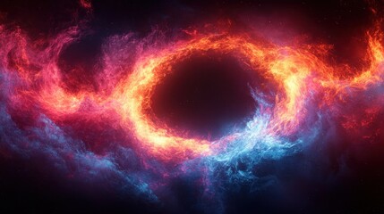 Poster - Vibrant Circular Design of Swirling Flames and Waves in Red and Blue on Dark Background