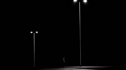 Aufkleber - A solitary person stands on a deserted street at night, surrounded by shadows and glowing streetlights, with a vast dark space above. Generative AI
