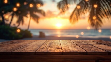 Wall Mural - Rustic Wooden Table with Blurred Tropical Beach Cafes Background at Sunset