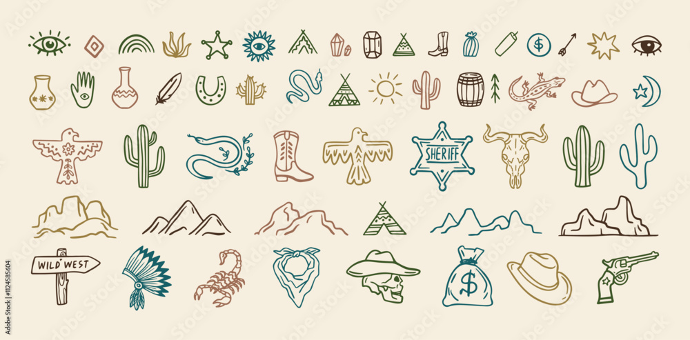 Wild west cowboy doodle icon set. Hand drawn boho signs collection ...