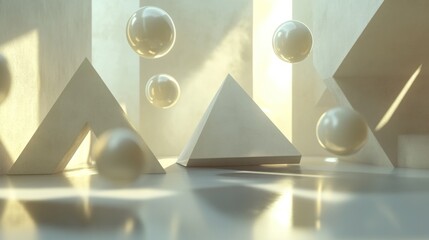 Wall Mural - Abstract 3D render of floating spheres and geometric shapes in sunlight.