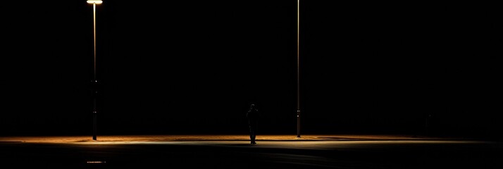 Aufkleber - A person stands alone on a dark street, illuminated by streetlights, in a quiet urban environment during nighttime. Generative AI