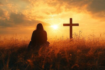 Wall Mural - Silhouette of a woman praying beside a cross in a golden field at sunset