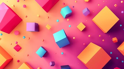 An abstract 3D rendering of colorful geometric shapes on a pink and orange gradient background.