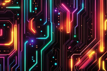 Poster - circuit board abstract design vibrant neon lines pattern technology