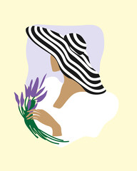 Silhouette of a woman in a big hat holding lavender in a minimal style illustration