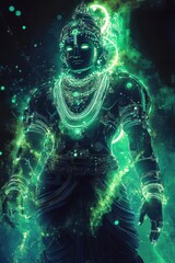 Wall Mural - cybernetic depiction of vishnu, glowing neon energy radiating from his divine form, tech-enhanced sa