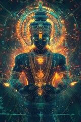 Wall Mural - cybernetic depiction of vishnu, glowing neon energy radiating from his divine form, tech-enhanced sa