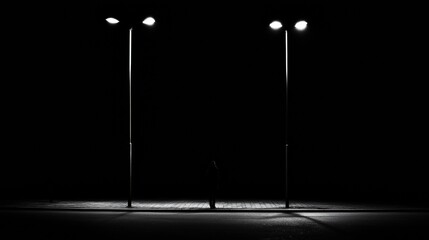 Aufkleber - A solitary person stands in the glow of streetlights on a deserted street at night, surrounded by darkness and silence, creating a reflective mood. Generative AI