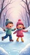 © vitanovski - Cheerful Children Ice Skating on a Winter Day with Snow Falling