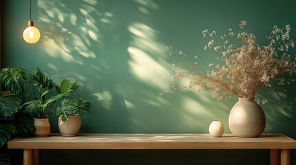 Wall Mural - Scandinavian kitchen with green wall and wooden table featuring potted plants and dried flowers