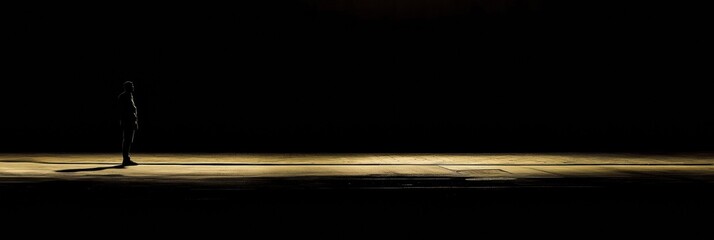 Leinwandbilder - A lone person stands on a deserted street under the warm glow of streetlights, casting long shadows in the dark night. Generative AI