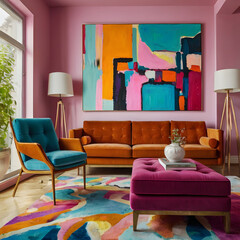 A brightly colored living room with a colorful rug and a colorful couch