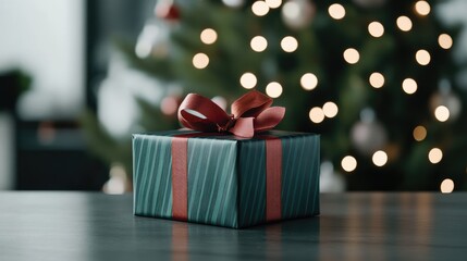 Canvas Print - Colorful gift box with red and green stripes sits on a table, surrounded by a softly lit Christmas tree and holiday decorations