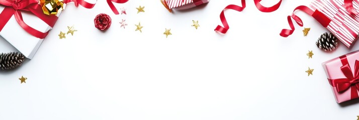 Poster - Colorful gift wrapping items including paper, ribbons, and cards are creatively arranged with space for custom messages, ideal for any occasion. Generative AI