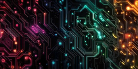 Poster - Abstract Circuit Board Pattern with Vibrant Neon Lines and Soft Glow