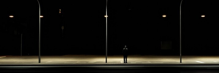 Aufkleber - A solitary person stands on an empty street at night, illuminated by soft streetlights that create long shadows. The dark space above invites text. Generative AI
