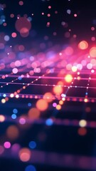 Abstract Data Flow: Vivid pink, orange, and blue bokeh lights illuminate a dynamic grid, suggesting a high-tech, futuristic data stream.  The image evokes feelings of innovation and connectivity. 