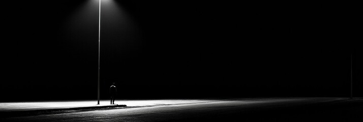 Aufkleber - A lone person stands beneath a streetlight on an empty street, shadows stretched across the ground in a quiet night setting. Generative AI