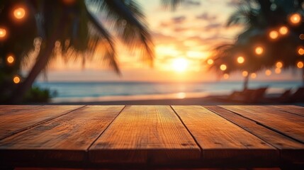 Wall Mural - Rustic Wooden Table Against Tropical Sunset with Blurred Beach Cafes Background