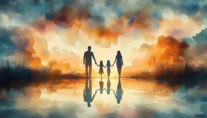 Wall Mural - Family Holding Hands in Faith with Jesus Christ in a Serene Watercolor Scene