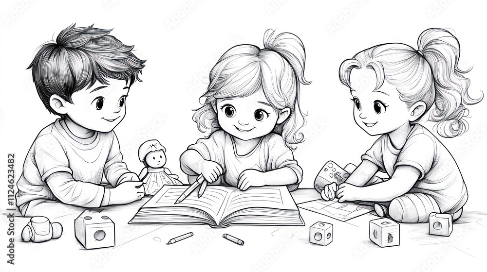 Three happy children playing together, cutting paper, building with ...