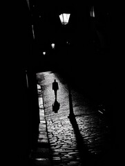 Poster - A solitary person walks along an empty cobblestone street at night, illuminated by streetlights casting long shadows in a quiet atmosphere. Generative AI