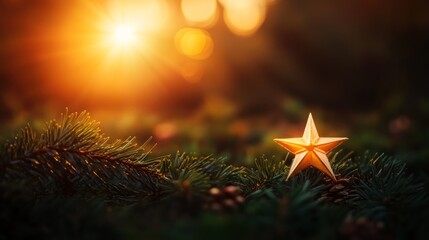 Poster - A golden star-shaped Christmas tree topper rests atop evergreen branches, illuminated by a warm, festive light that enhances the holiday spirit