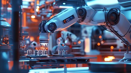 Wall Mural - Robotic arm in a futuristic factory assembling products.