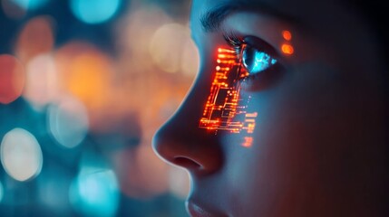 Fototapete - A humanoid face features glowing circuits and neon blue and yellow eyes, set against a digital grid background, representing advanced artificial intelligence concepts