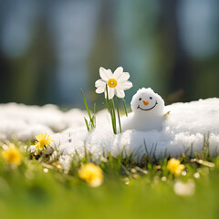 Snowman on a meadow with grass and spring flowers growing through the melting snow. Concept of spring coming and winter leaving.