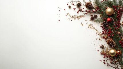 Aufkleber - Decorative arrangement features a Christmas garland made of pine branches, crimson berries, golden ornaments, and pinecones on a clean white background