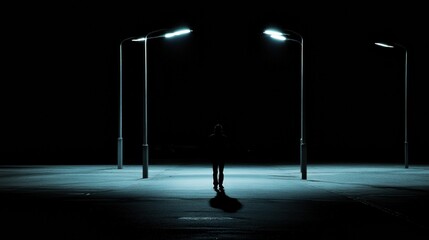 Aufkleber - A lone person walks along a deserted street at night, with streetlights casting long shadows and a blank dark space above for text. Generative AI
