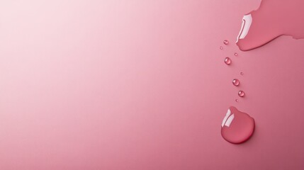 Poster - A solitary droplet of water rests on a smooth, glossy pink surface, showcasing a subtle gradient. The minimalist setting allows for ample copy space on the right side