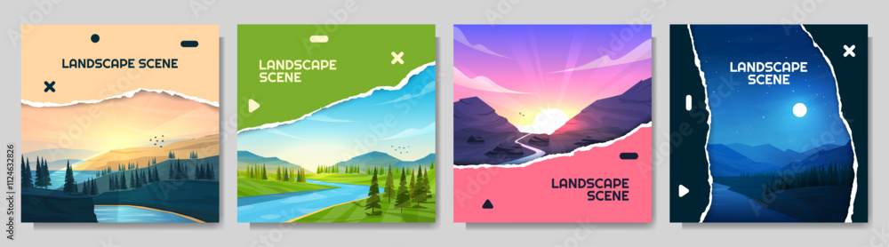 Vector illustrations. Square backgrounds set of landscape. Torn paper ...