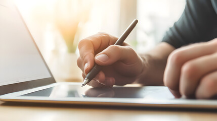 A close-up of a person’s hand using a digital pen on a tablet to draw, with a graphic design program open on the screen. Artist using digital pen on tablet.