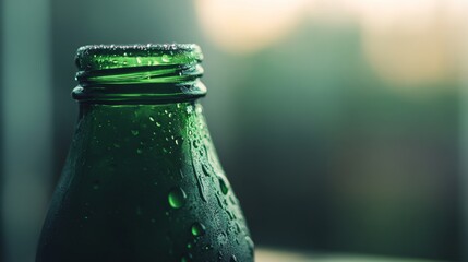 Leinwandbilder - Water droplets create a shimmering effect on a green glass bottle against a softly blurred background where sunlight peeks through gentle clouds, offering tranquility