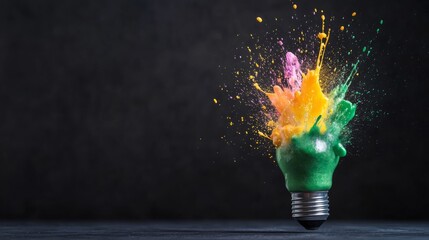 Aufkleber - A light bulb explodes, sending splashes of vivid green, yellow, and purple paint into the air against a dark backdrop, creating a striking visual effect