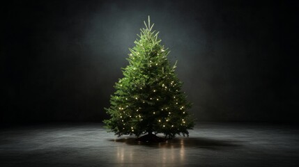 Poster - A Christmas tree stands decoratively adorned with minimalist lights, casting a warm glow in a darkened space, evoking a tranquil holiday mood