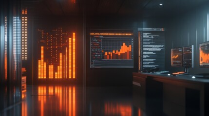 Aufkleber - Futuristic Data Center with Orange Visualizations and Screens