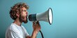 © kenkuza - A man makes an announcement over a loudspeaker isolated on a light blue background