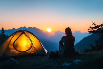young woman watching sunrise outside camping tent