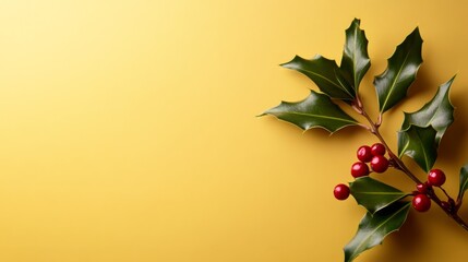 Poster - Single sprig of holly featuring vibrant red berries and shiny green leaves stands out against a soft yellow background, adding a cheerful touch to any decor
