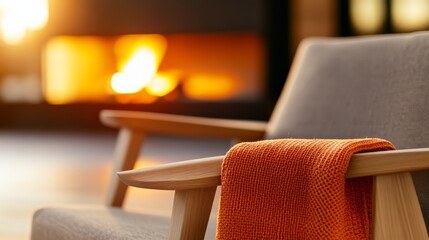 Aufkleber - A knitted throw is neatly folded over a wooden chair in front of a warm, glowing fireplace, creating an inviting comfort for relaxation