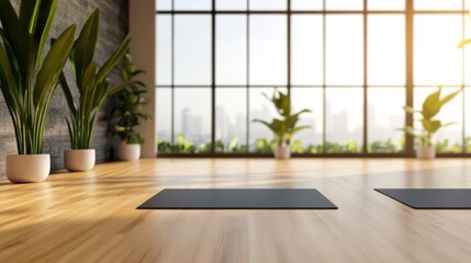 Poster - Soft natural light fills a minimalist yoga-inspired room featuring a high-end white mattress, surrounded by greenery and creating a tranquil atmosphere