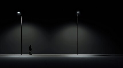 Aufkleber - A lone person stands on an empty street at night, under streetlights casting shadows, with a dark area above for text. Generative AI