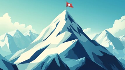 Wall Mural - A stylized illustration of a mountain range with a flag on the highest peak.