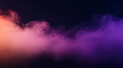 Poster - Vibrant smoke in hues of purple and orange swirls gracefully against a contrasting black backdrop, forming mesmerizing shapes with ample copy space on one side